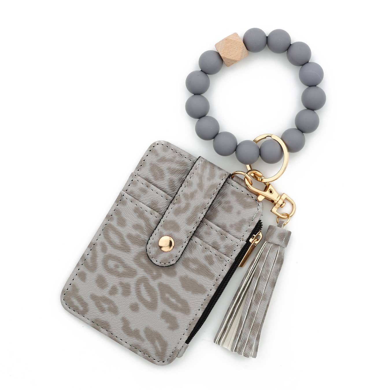 Leopard Print Card Holder with Beaded Wristlet Keychain
