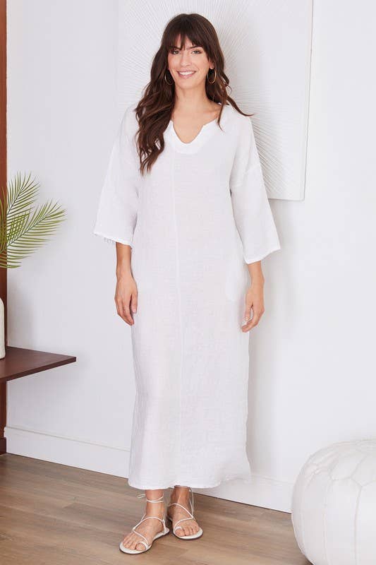 V-NECK SOLID LINEN SHORT SLEEVE LONG DRESS (17-11)