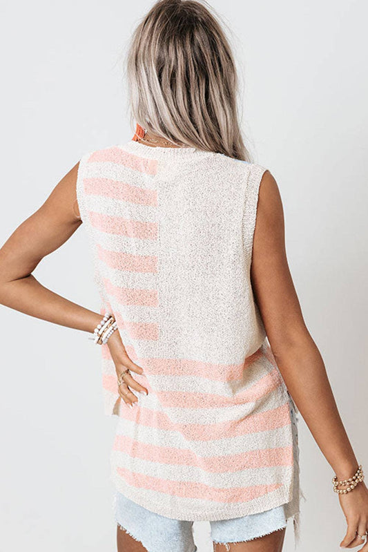 Beige USA Flag Notched Neckline Loose Sweater Vest: Beige / M