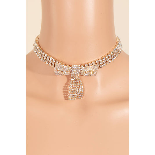 Pave Rhinestone Bow Choker Necklace