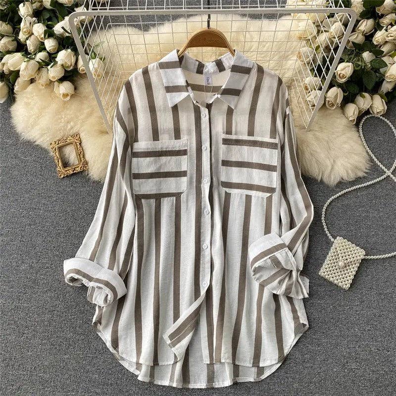 Casual Loose Blouse with Striped Lapel and Contrast Color Detail