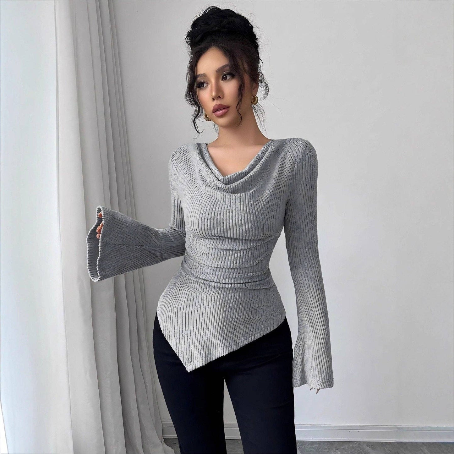 Solid Color Striped Slim Fit Knit Long Sleeve Shirt: BLACK