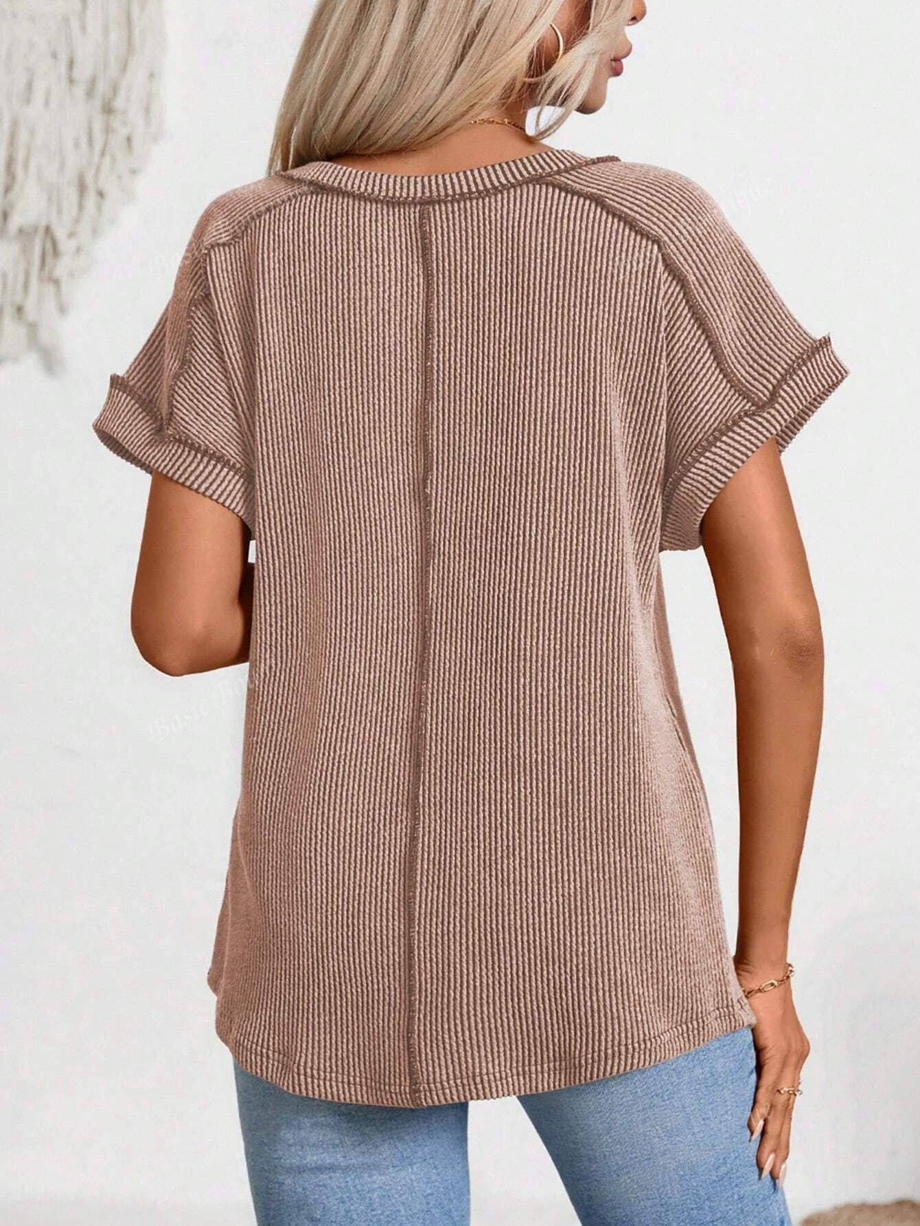 Two Tone Ribbed V Neck Short Sleeve Loose Knit Top