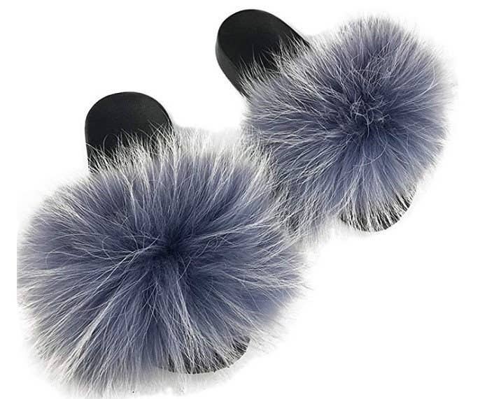 Women Long Raccoon Fur Slides With Color Hair Tip Real Fur