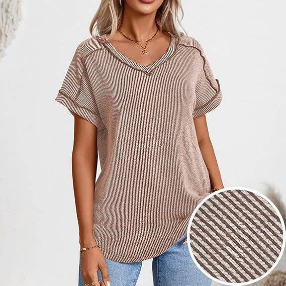 Two Tone Ribbed V Neck Short Sleeve Loose Knit Top