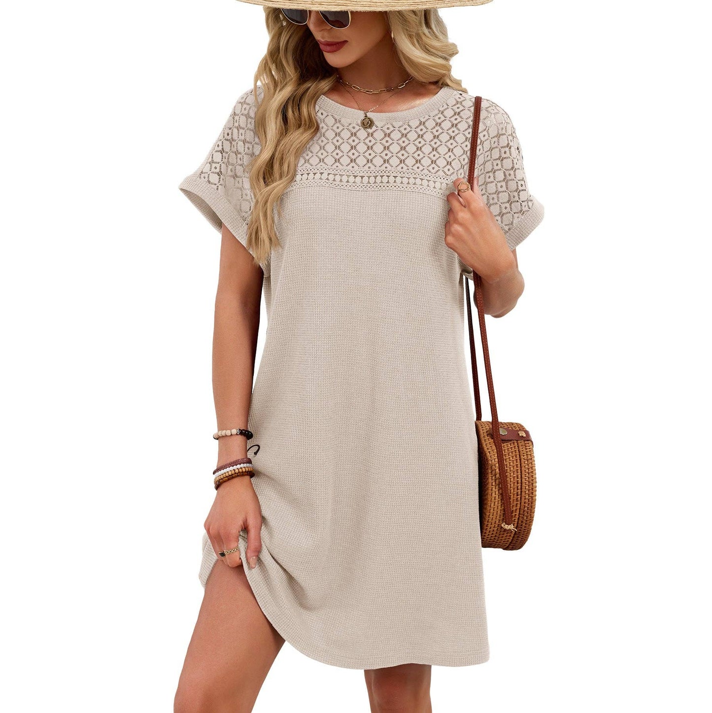 Lace Patchwork Casual Short Sleeve Loose Summer Dress: Blue Gray / 65%Rayon 30%Polyester 5%Spandex
