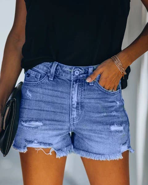 High-Waisted Ripped Stretch Denim Shorts for Summer: Dark Blue / 73%Cotton/14%Rayon/11% Polyester/2%spandex / XXL