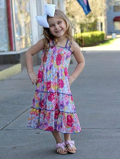 Girls Floral Print Chiffon Shoulder Strap Ruffled Midi-Dress: 3783-15-11 / 7-8T