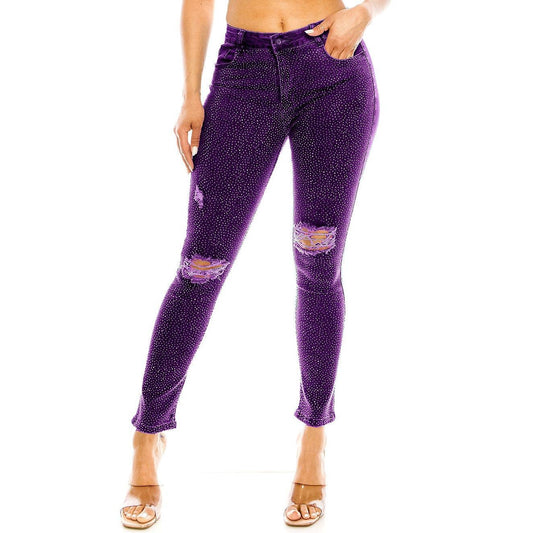 Bling Chip Rhinestone Attached Purple Denim Pants