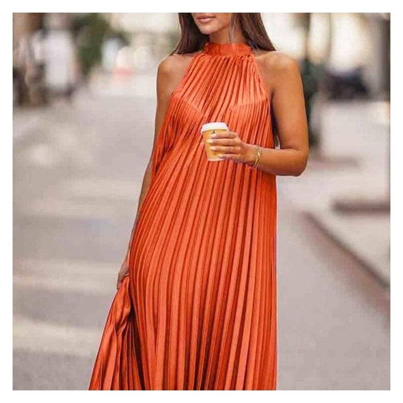 Color Block Pleated Halterneck Sleeveless Casual Dress