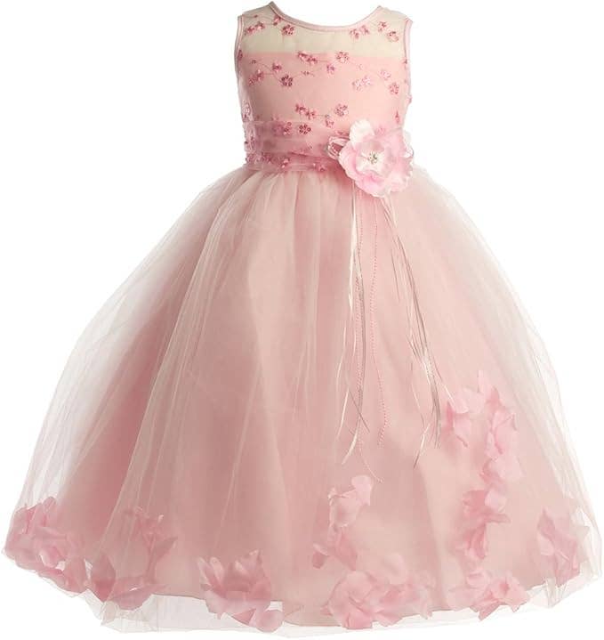 Girls Embroided Flower Girl Dress with Floating Petals : White / 6