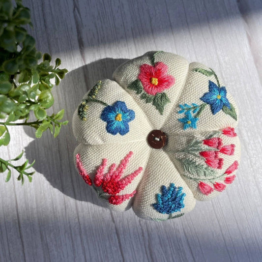 Pink & Blue Flower Garden Embroidered Pincushion✅