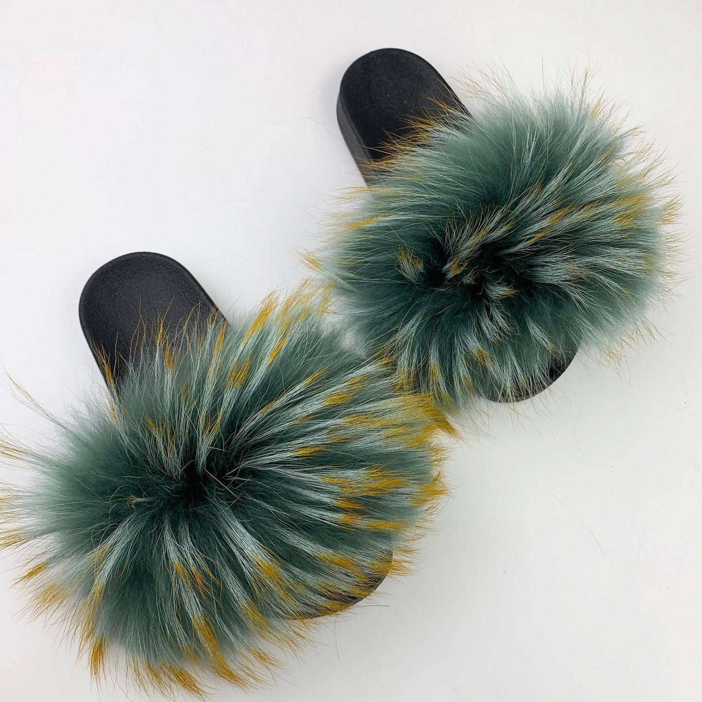 Women Long Raccoon Fur Slides With Color Hair Tip Real Fur
