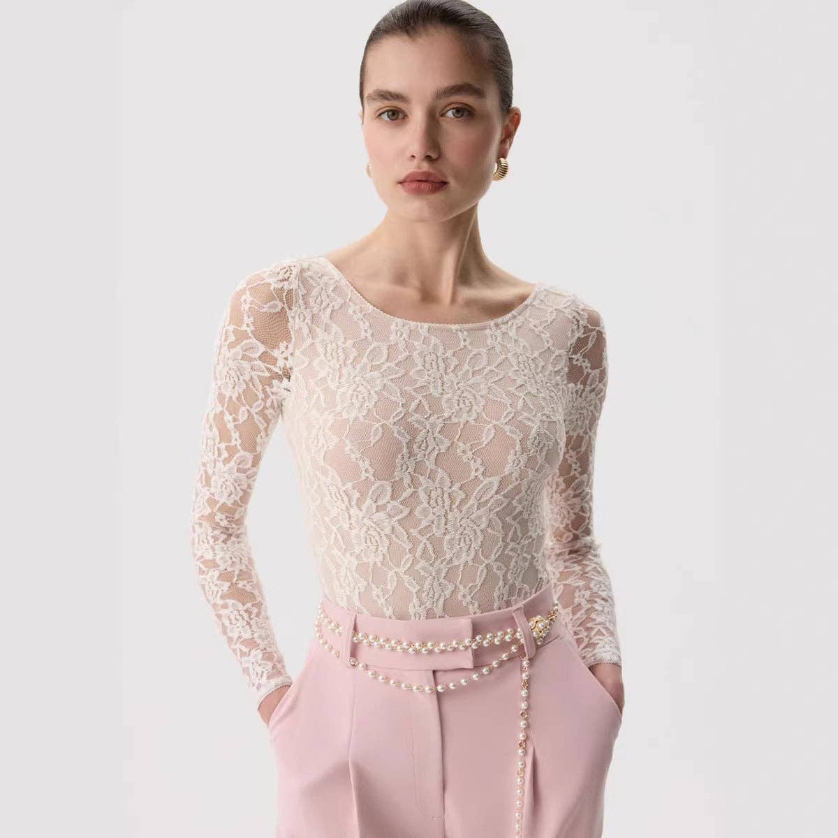 Women’s Sheer Floral Lace Long Sleeve Blouse – Fitted Scoop Neck Top
