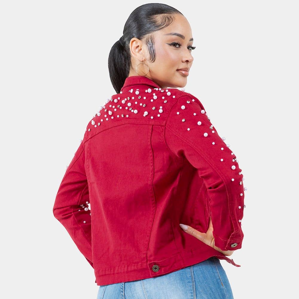 Radiant Pearls & Rhinestone Deco Red Jean Jacket