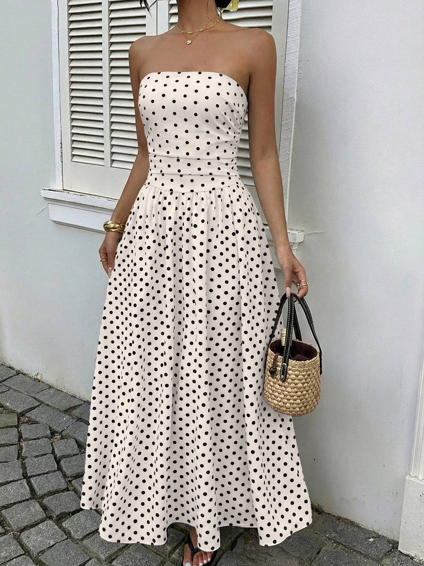 Women’s Strapless Polka Dot High Waist Maxi Dress