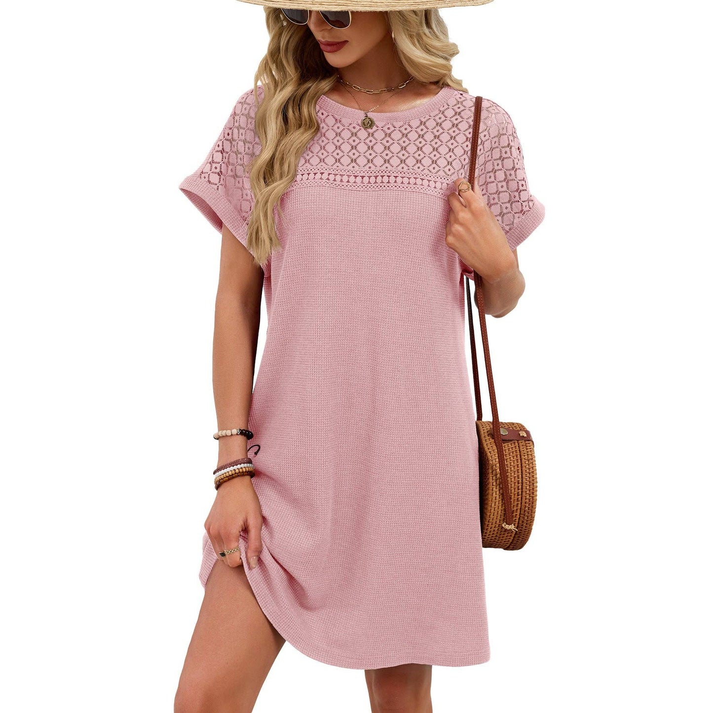 Lace Patchwork Casual Short Sleeve Loose Summer Dress: Black / 65%Rayon 30%Polyester 5%Spandex / M