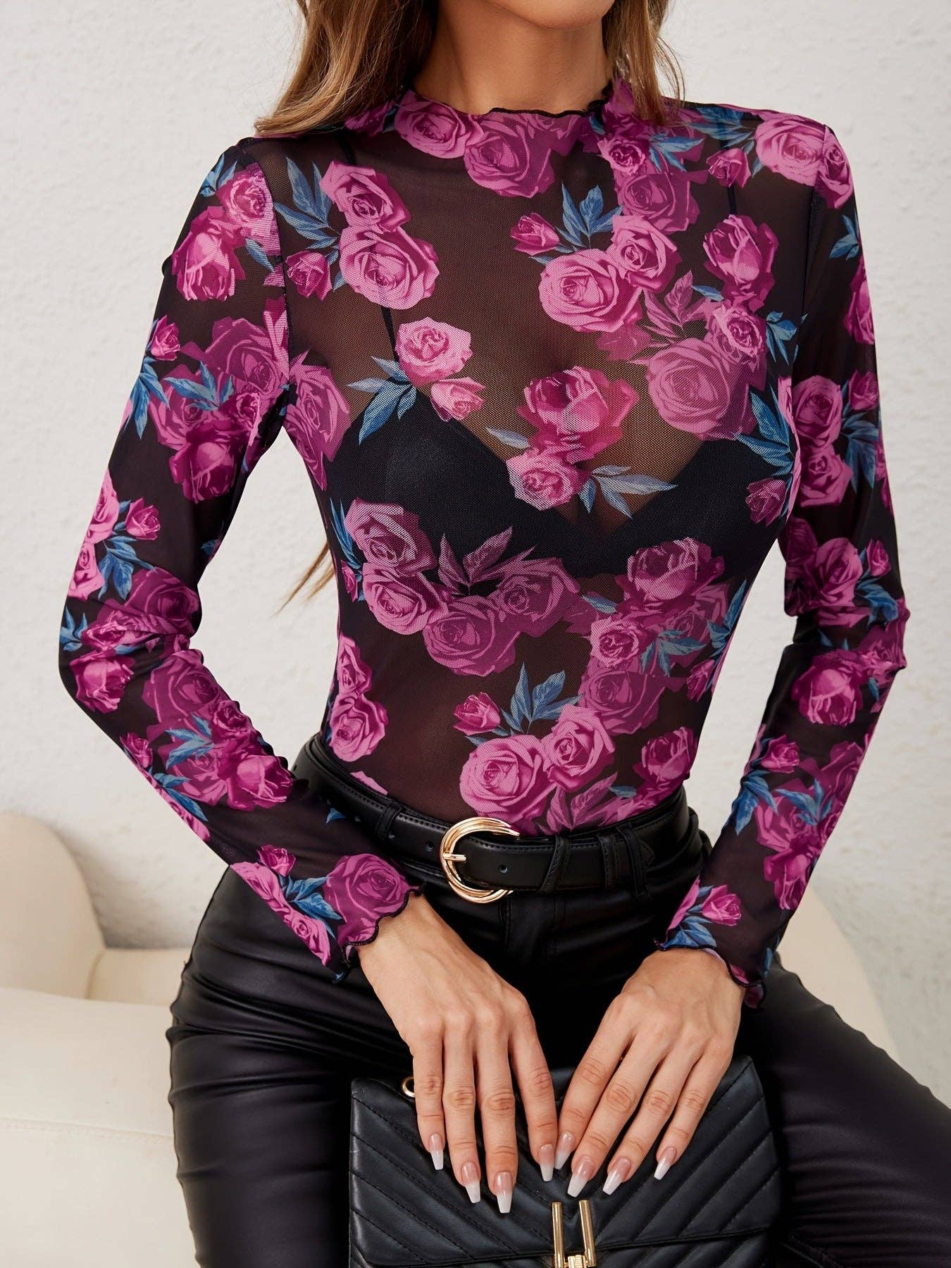 Elegant Floral Printed Sheer Blouse with Ruffle Collar