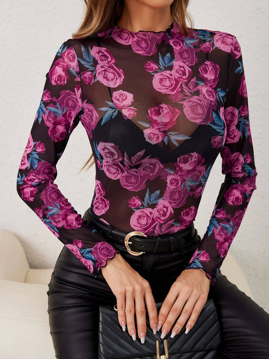 Elegant Floral Printed Sheer Blouse with Ruffle Collar