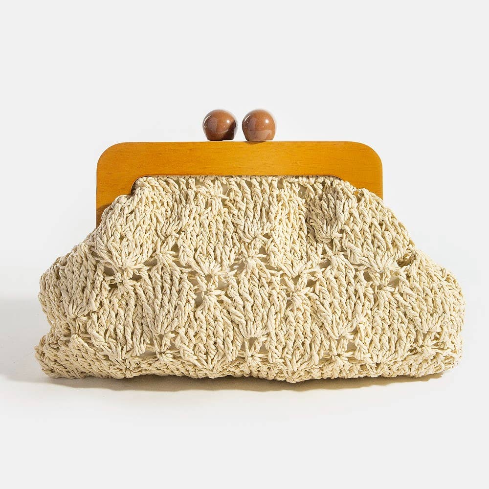 Straw Braided Wooden Frame Clutch Bag