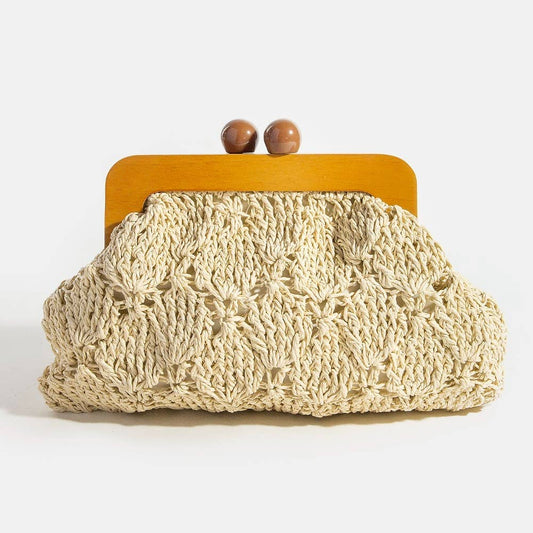 Straw Braided Wooden Frame Clutch Bag