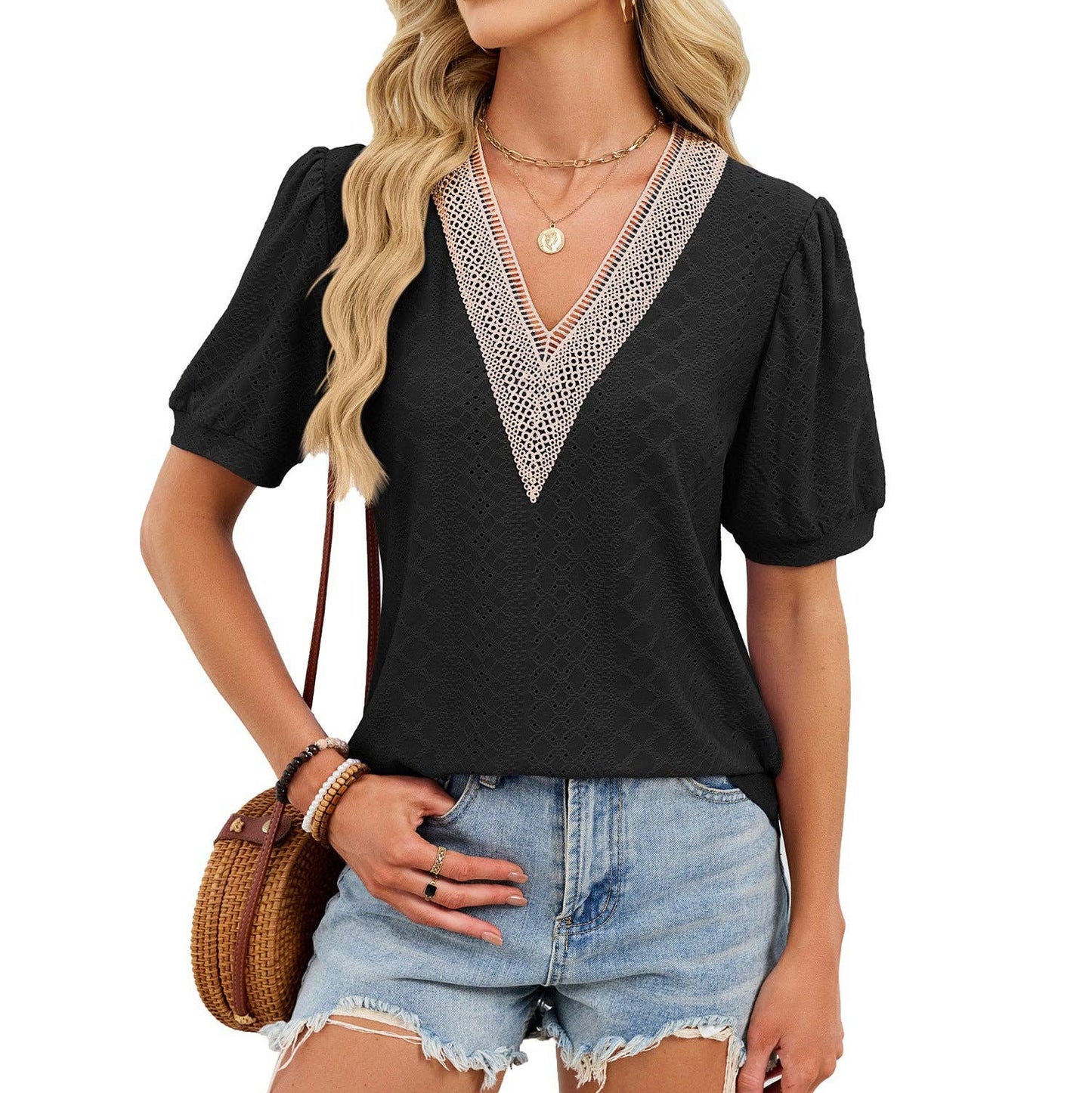 Women’s Puff Sleeve Crochet Lace Trim V-Neck Top – Loose Fit Summer Blouse