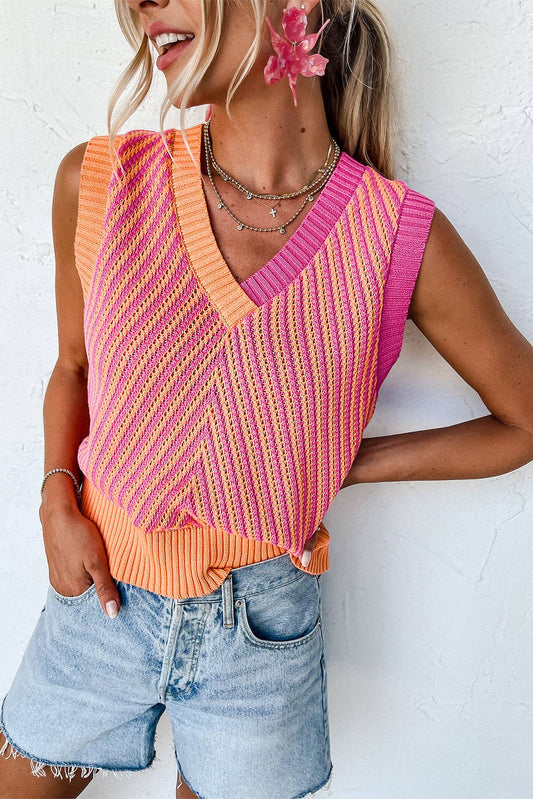 Strawberry Pink Contrast Chevron Knit V Neck Sweater Vest: Sky Blue / 100%Viscose