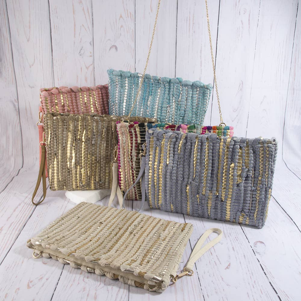 Woven Metallic Stripe Wristlet Clutch Bag