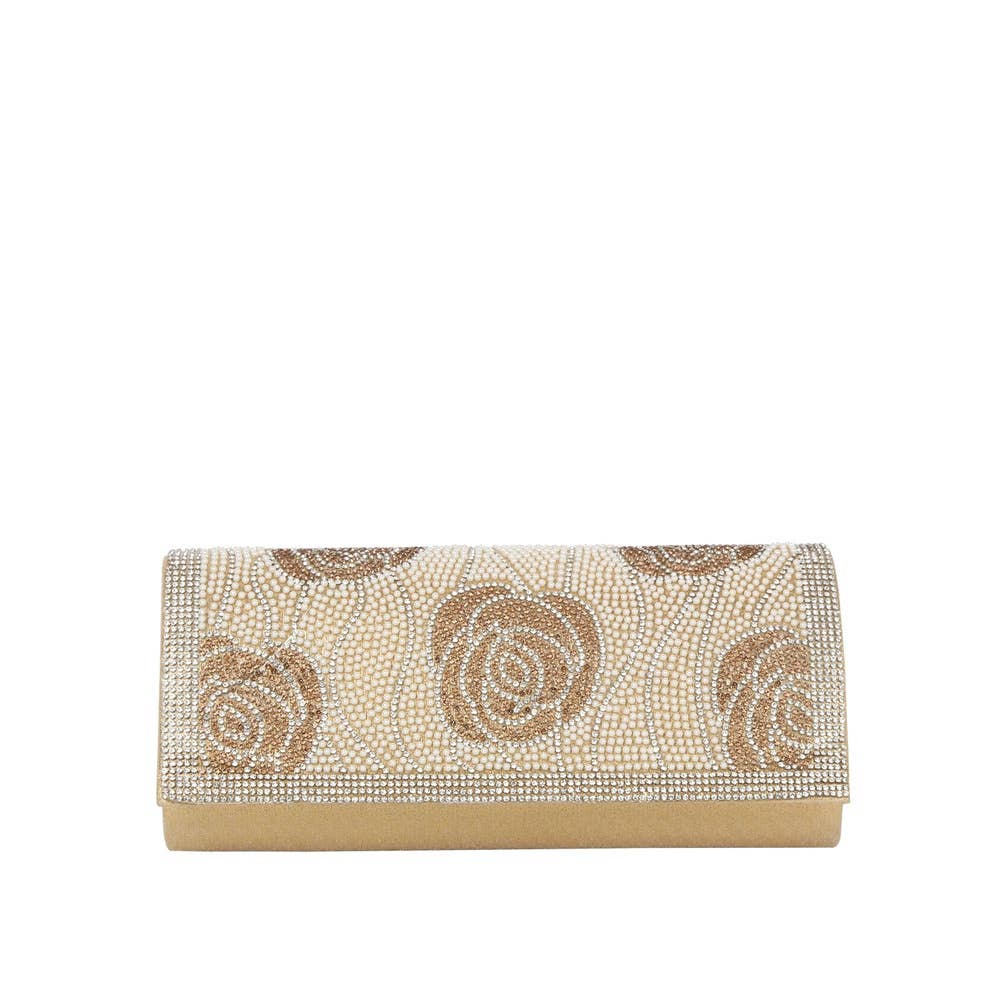 Beaded Rose Motif Rhinestone Trim Satin Clutch
