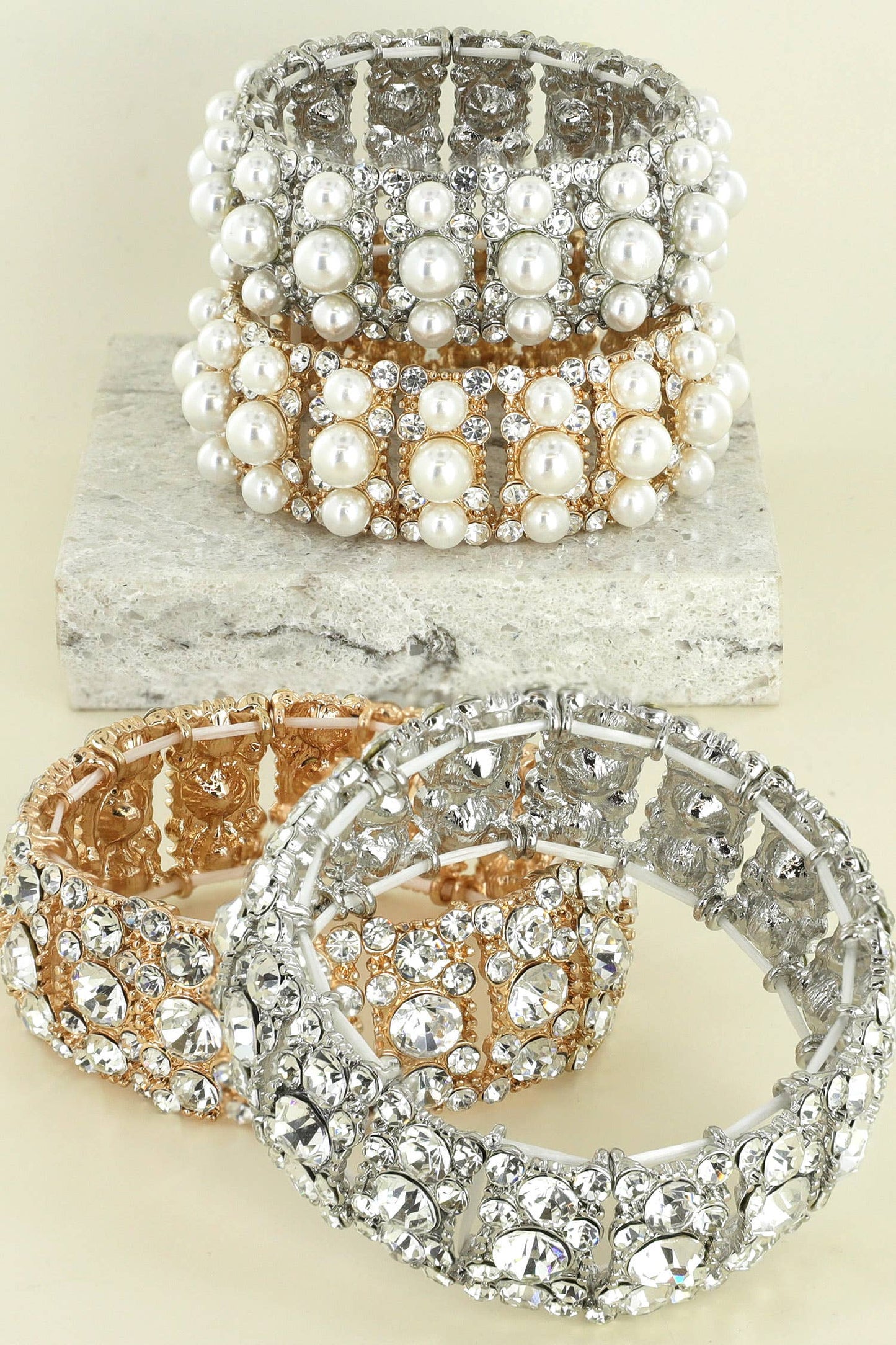Rhinestone Pearl Cluster Stretch Bangle Bracelet