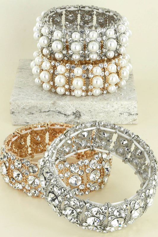 Rhinestone Pearl Cluster Stretch Bangle Bracelet