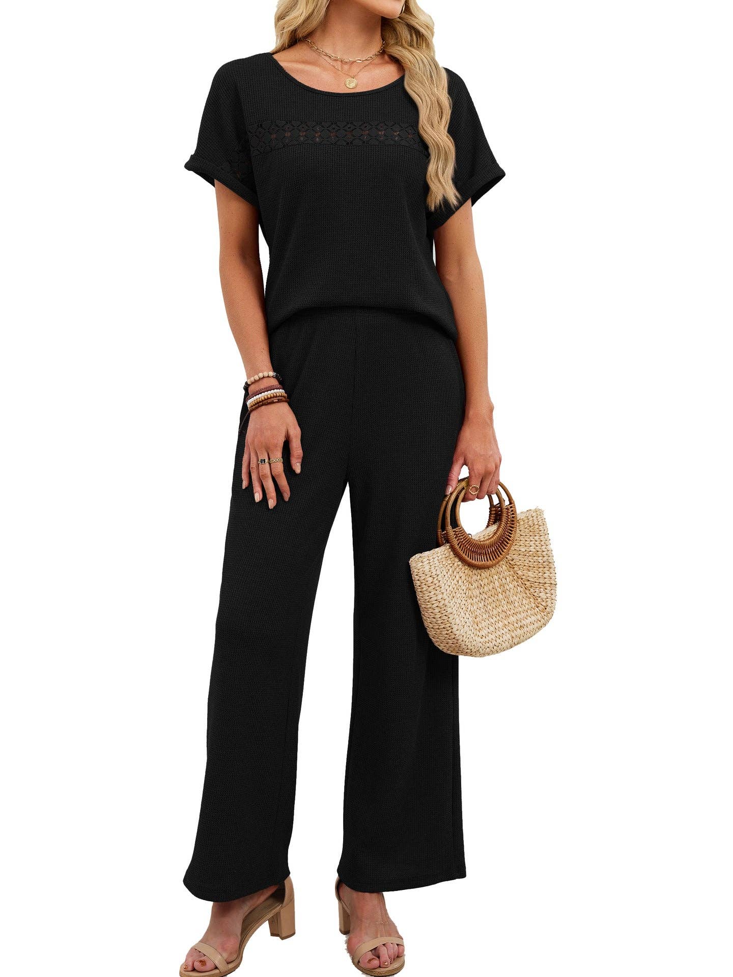 Lace Detail Short Sleeve Top and Wide Leg Pants Set