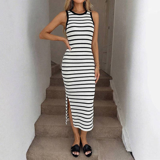 Women Sleeveless Stripe Side Slit Bodycon Maxi Dress