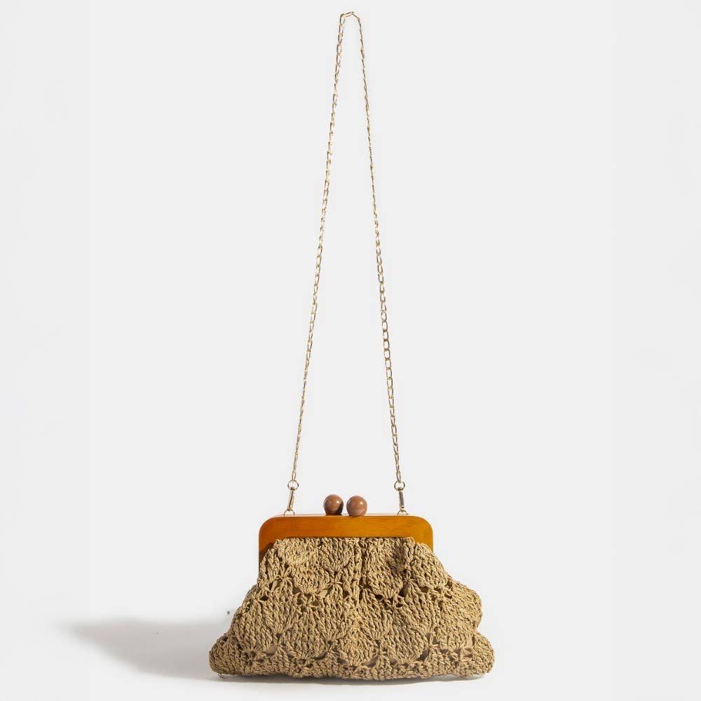 Straw Braided Wooden Frame Clutch Bag