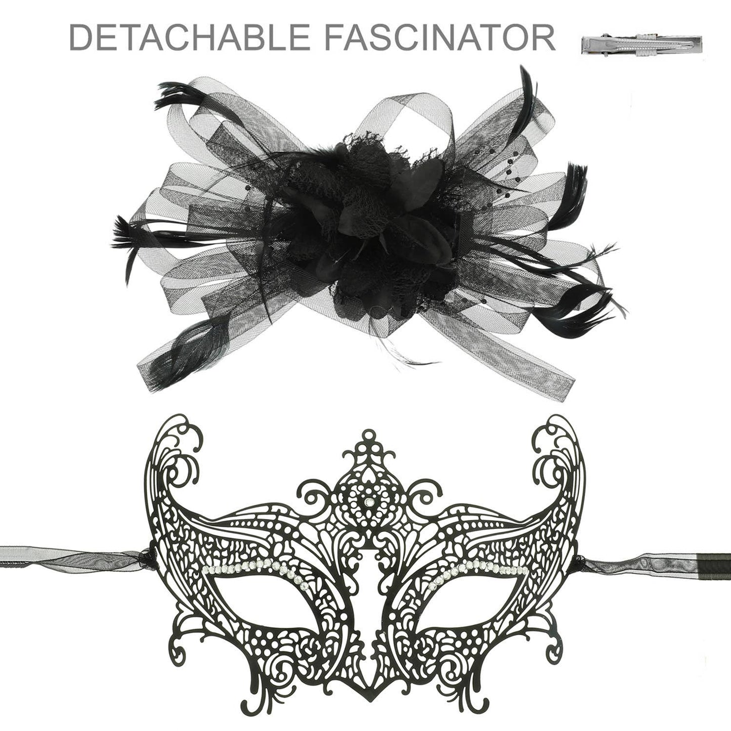 Rhinestone Pave Masquerade Mask with Detached Fascinator