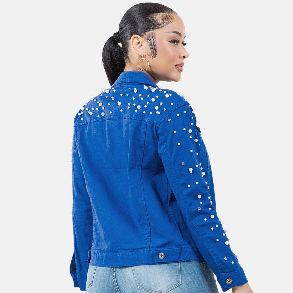 Radiant Pearls Rhinestone Deco Jean Jacket Royal Blue