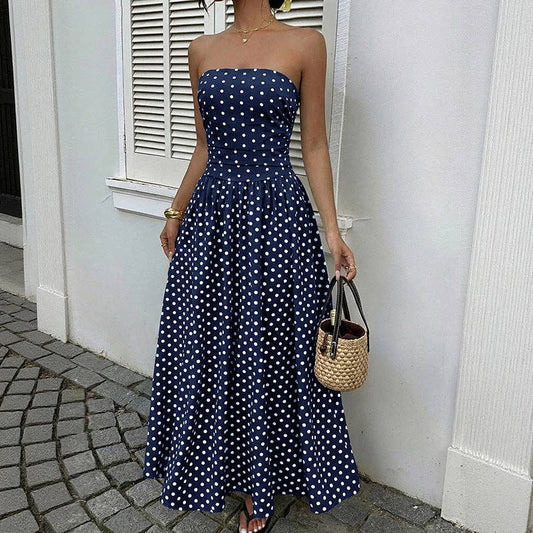 Women’s Strapless Polka Dot High Waist Maxi Dress