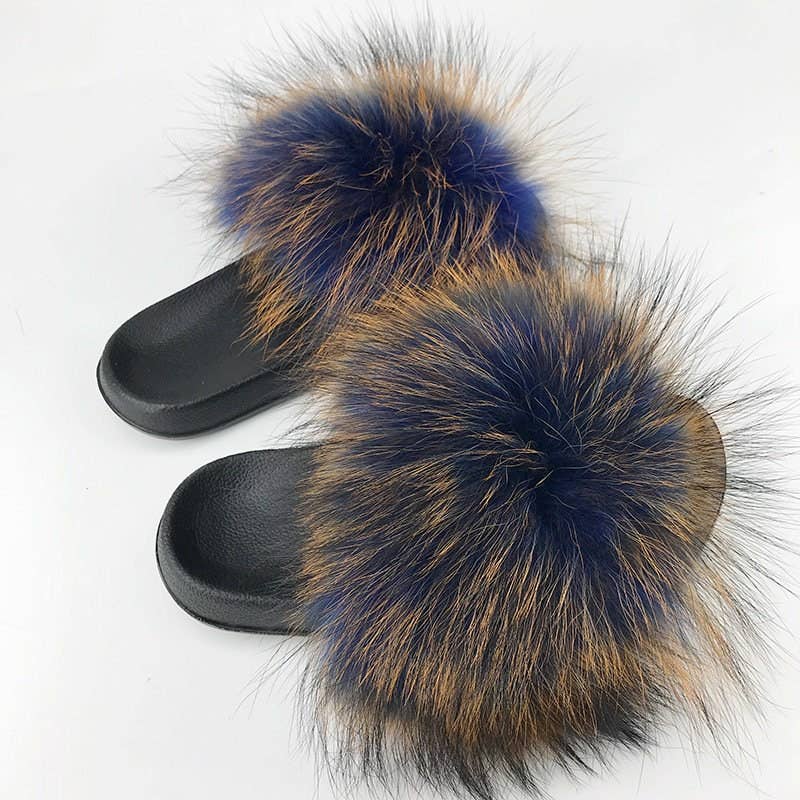 Women Long Raccoon Fur Slides With Color Hair Tip Real Fur