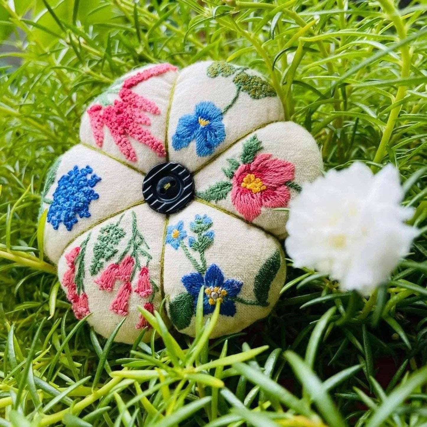 Pink & Blue Flower Garden Embroidered Pincushion✅