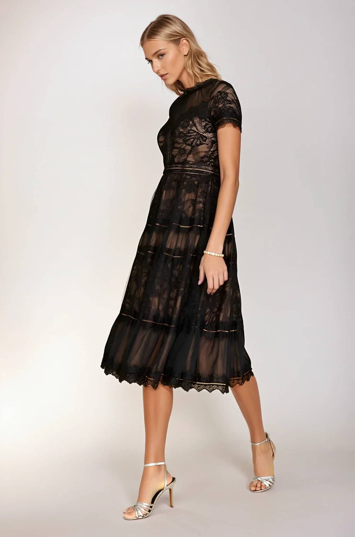 Black Midi Lace Short Sleeve Cocktail Dress: Black / 3XL
