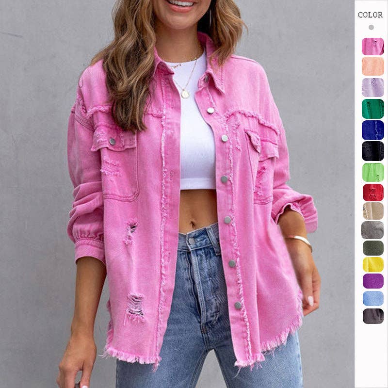 Trendy Casual Mid-Length Distressed Denim Jacket for Women