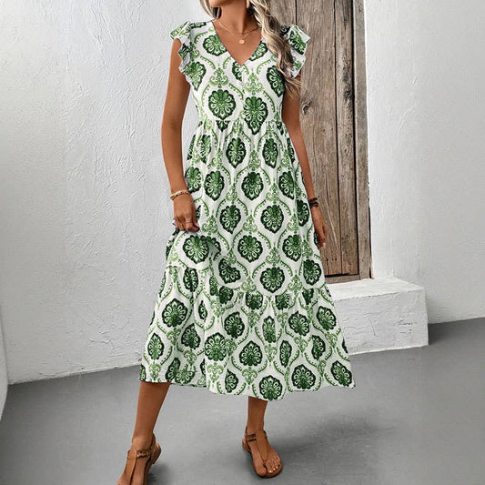 Loose-Fit Deep V-Neck Floral Print Maxi Dress
