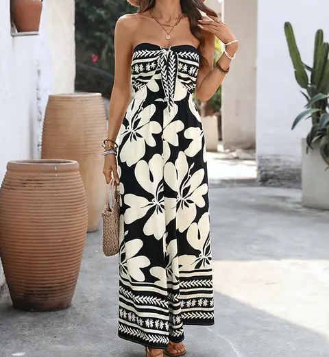 Black Floral Strapless Backless Wide Leg Jumpsuit