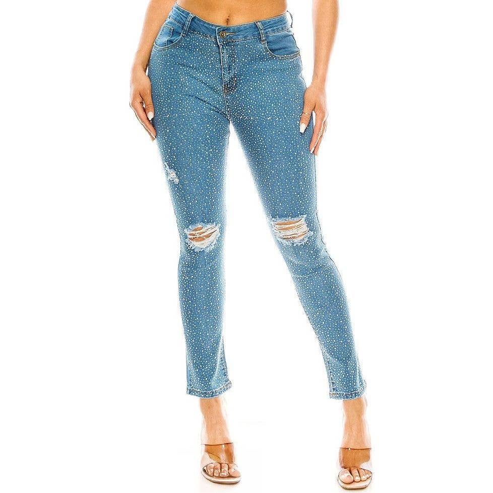 Dazzling Chip Rhinestone Sexy Dark Denim Pants