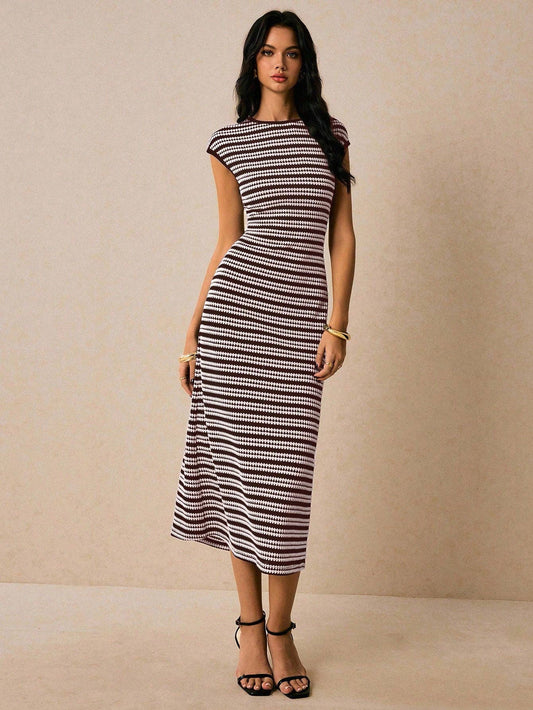 Colorblock Striped Knit Short Sleeve Bodycon Maxi Dress