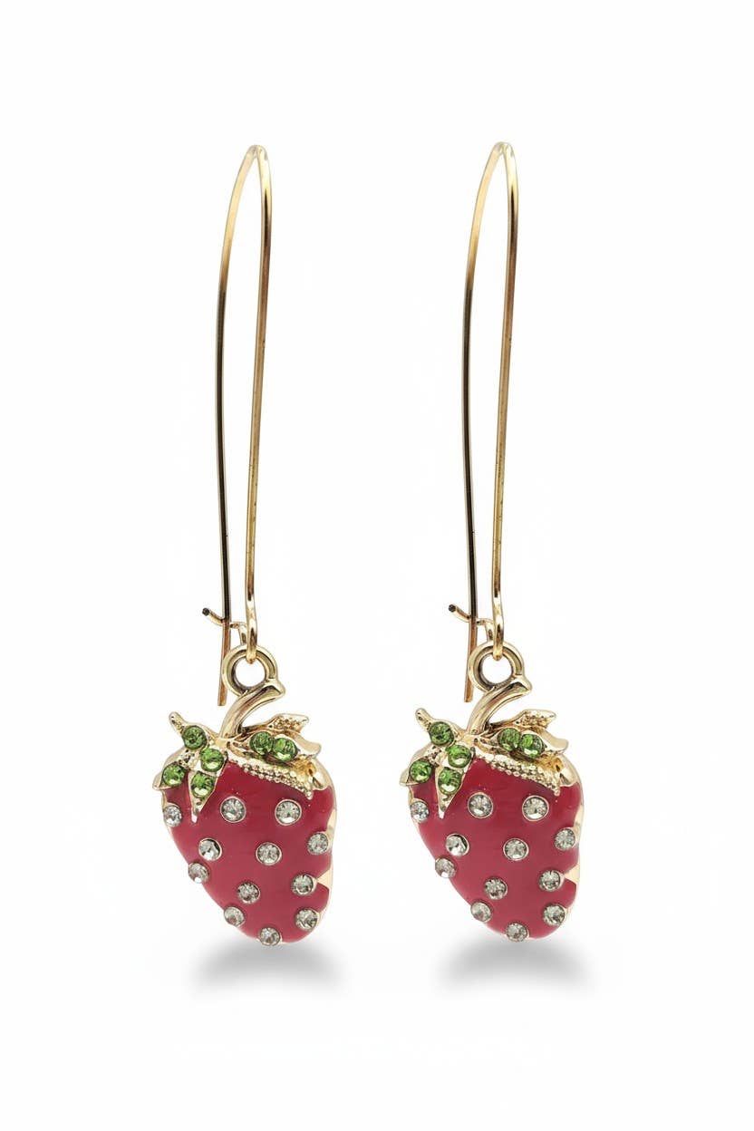 3D Rhinestone Strawberry Long Hoop Earrings