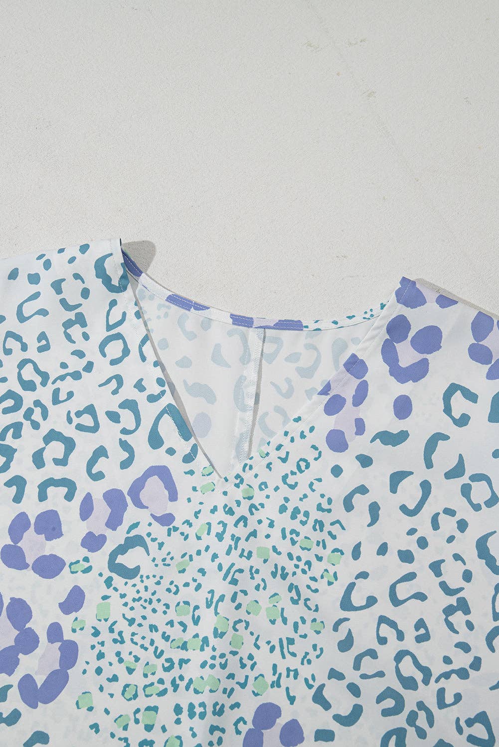 Sky Blue Mixed Leopard Print V Neck Short Sleeve Blouse: Sky Blue / 100%Polyester
