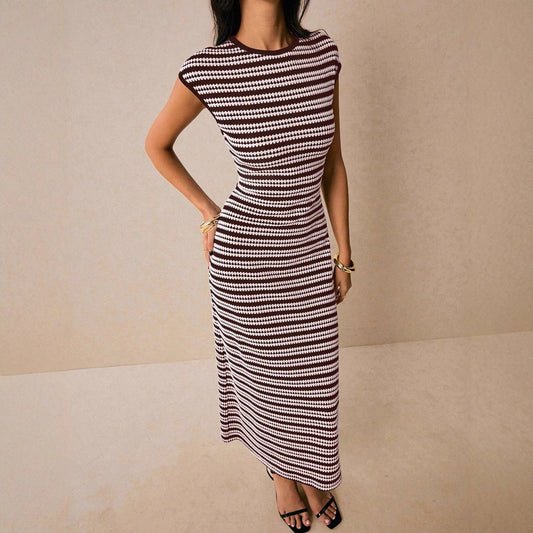 Colorblock Striped Knit Short Sleeve Bodycon Maxi Dress