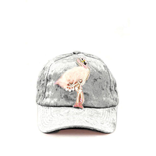 Fur & Beaded Flamingo Distressed Velour Fashion Cap