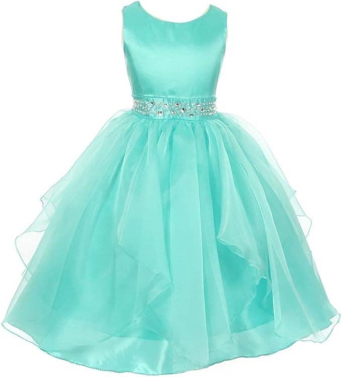 Little Girls Sparkling Stone Waist Organza Party Dress